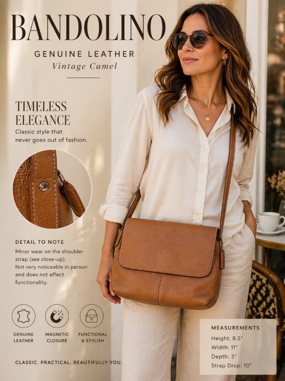 Bandolino Genuine Leather Camel Shoulder/Handbag Classic Minimalist.